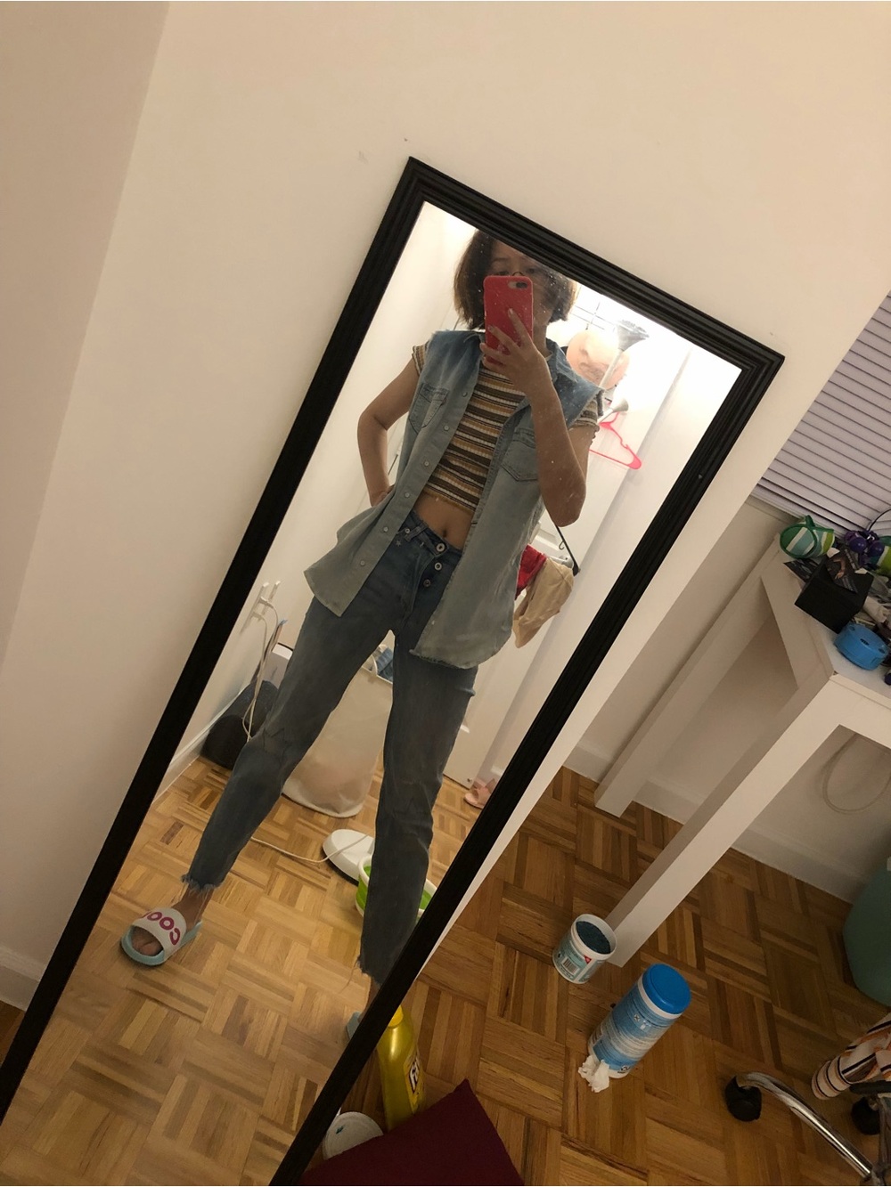 Light Wash Denim Vest and Jeans Set with Striped Crop Top